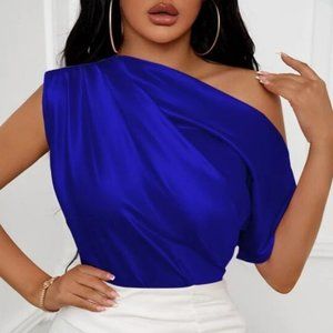 Blue Elegant Satin Asymmetrical Neck Ruched Blouse